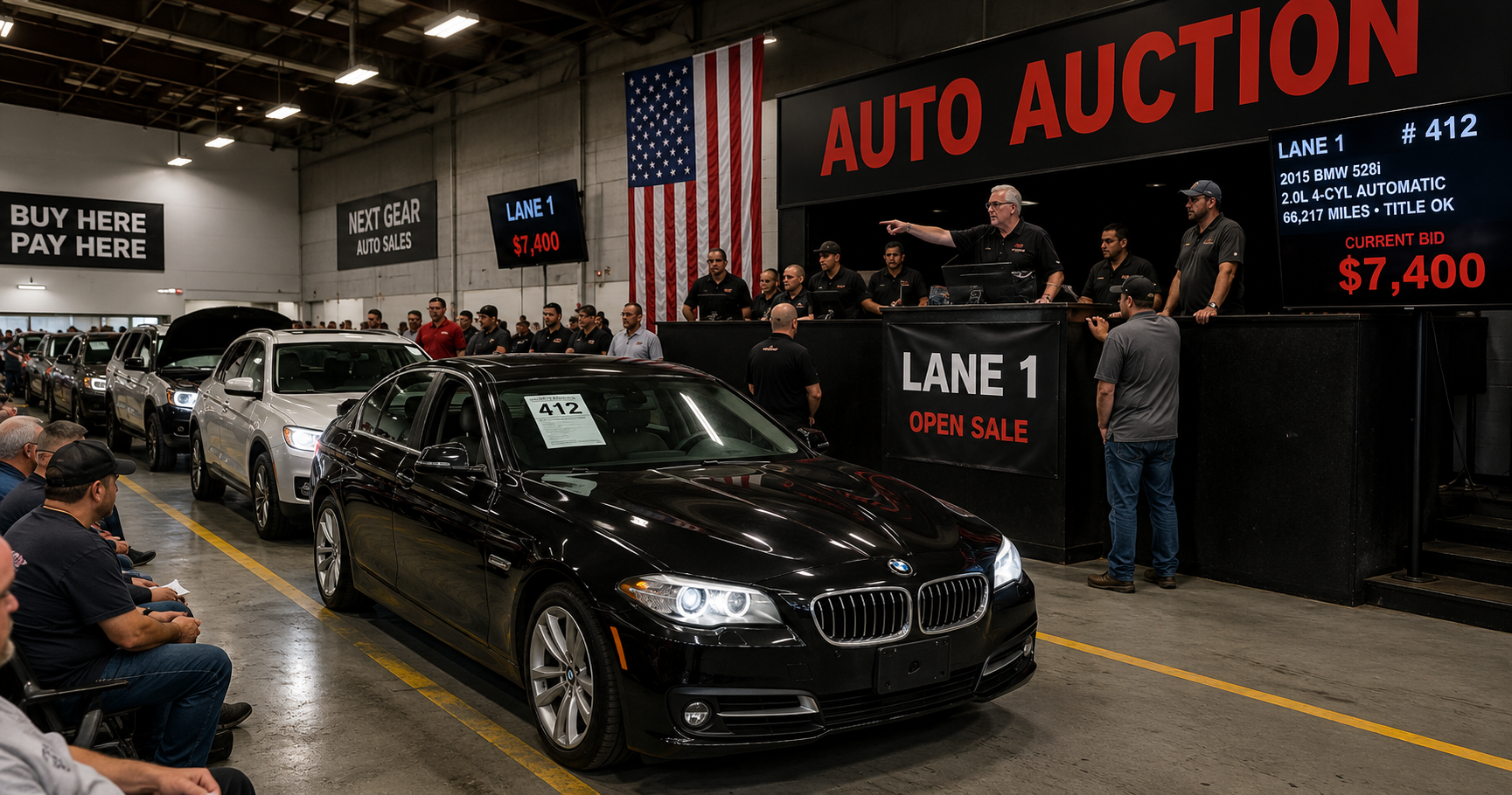 Live auto auction lane with a BMW 528i on the block, auctioneer pointing, and bidders seated — AutoFlow auto auction and dealership delivery service
